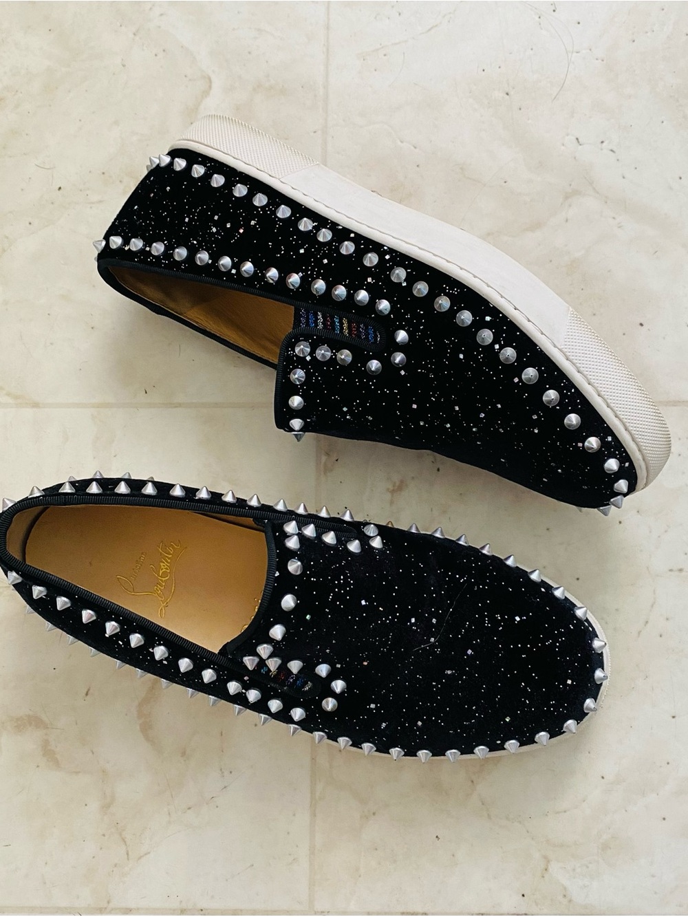 Christian Louboutin Pik Boat Black Glitter Velvet Silver Spikes Sneakers 8/38